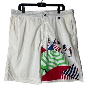 FACONNABLE Azur Men’s White Board Shorts Swim Trunks Size XL Beach Scene Summer